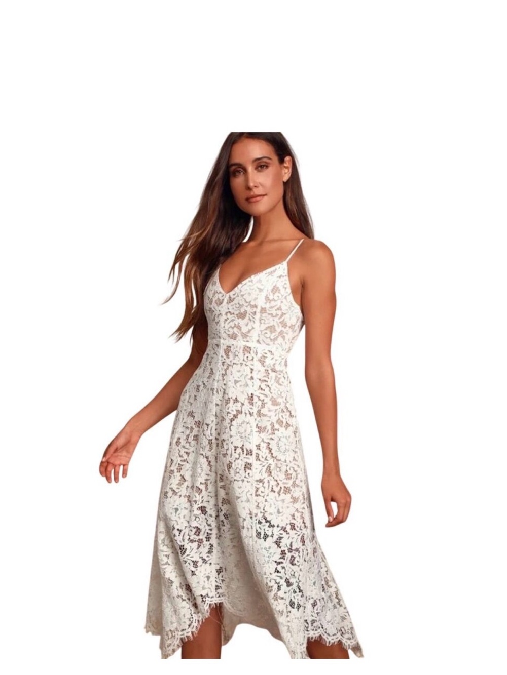 Lulus One Wish White Lace Midi Shark Tail Hem Midi Dress Large EAD50025 Lined